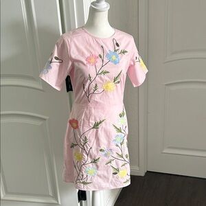 Fanm Mon Pink Floral Embroidered Mini Dress